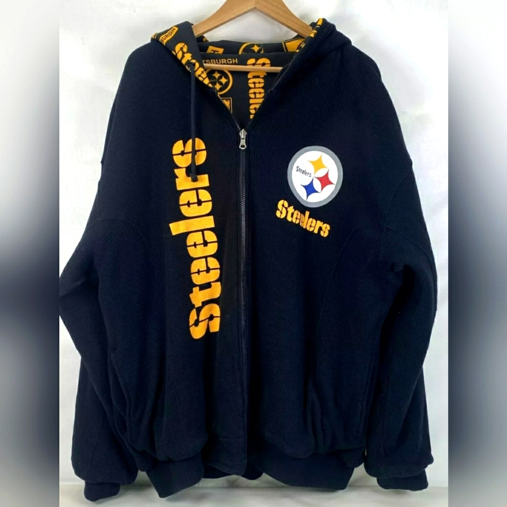 NFL Pittsburgh Steelers Black Waffle Knit Full Zip Reversible Hoodie Jacket XXL - Picture 1 of 6